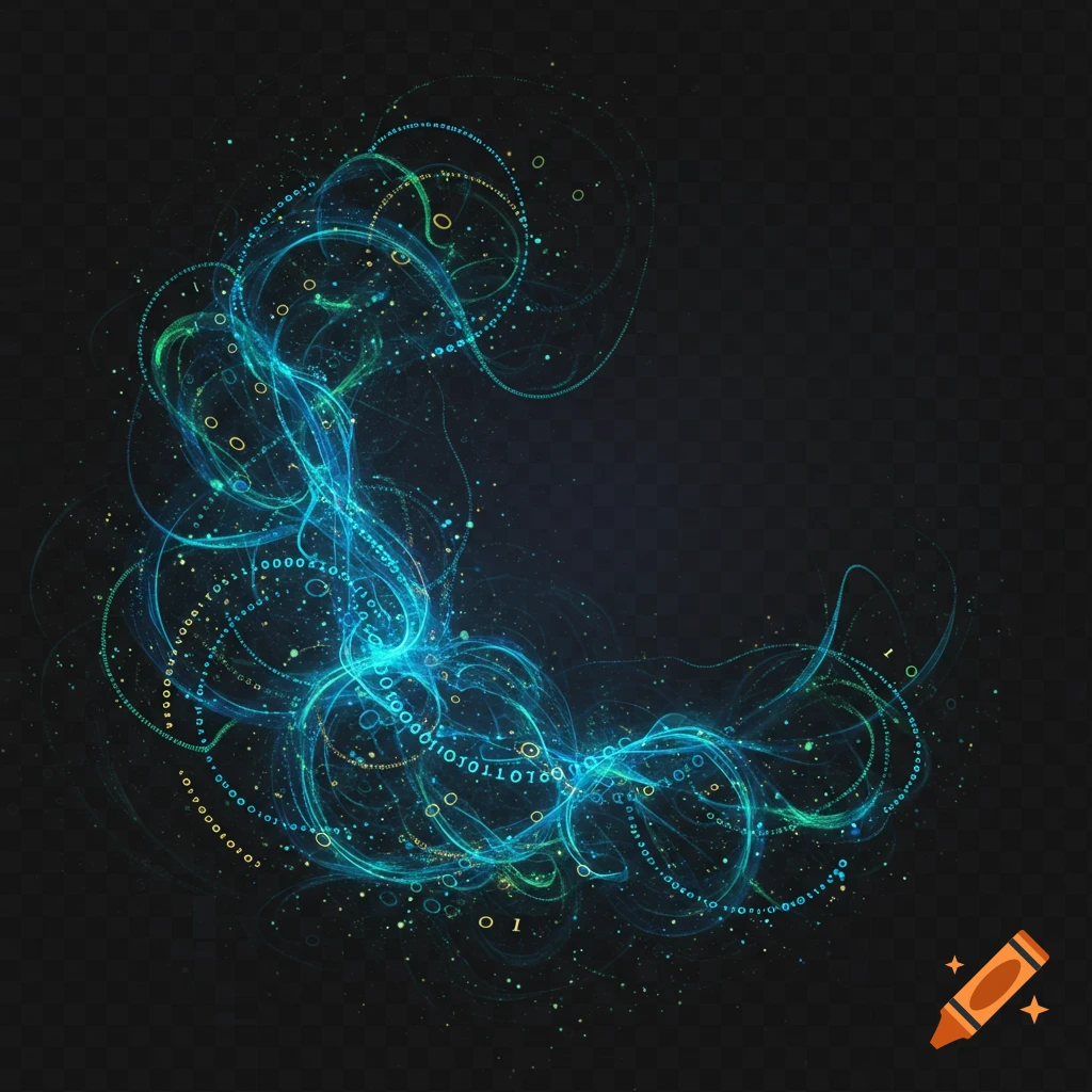 Abstract swirling blue and green lines with binary code and particles on a dark background.