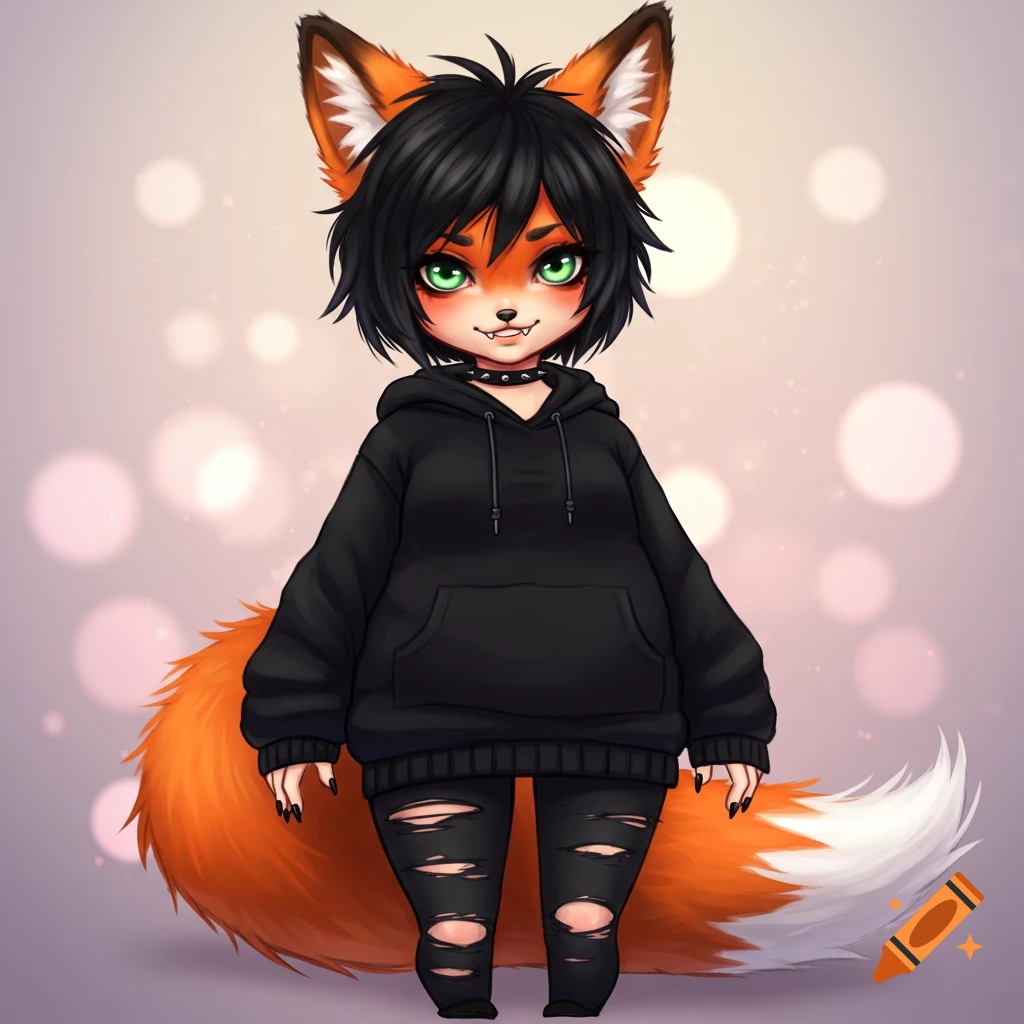 Chibi anime fox girl with green eyes, black short hair, wearing a black hoodie and ripped jeans.