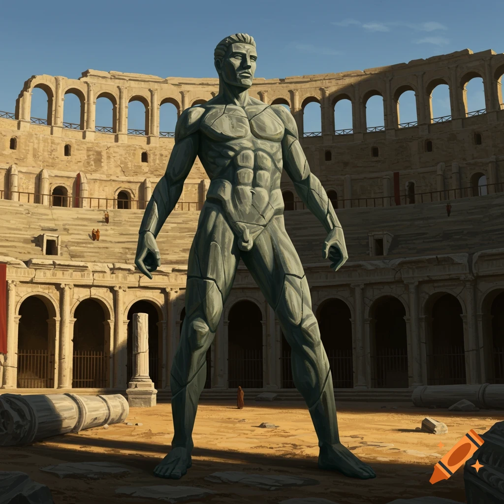 A large stone statue of a muscular man standing in a Roman arena.