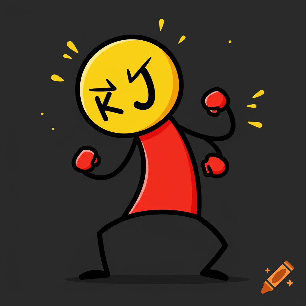 Cartoon stickman in a boxing pose with red gloves and K J symbols on a yellow head, on a dark background.