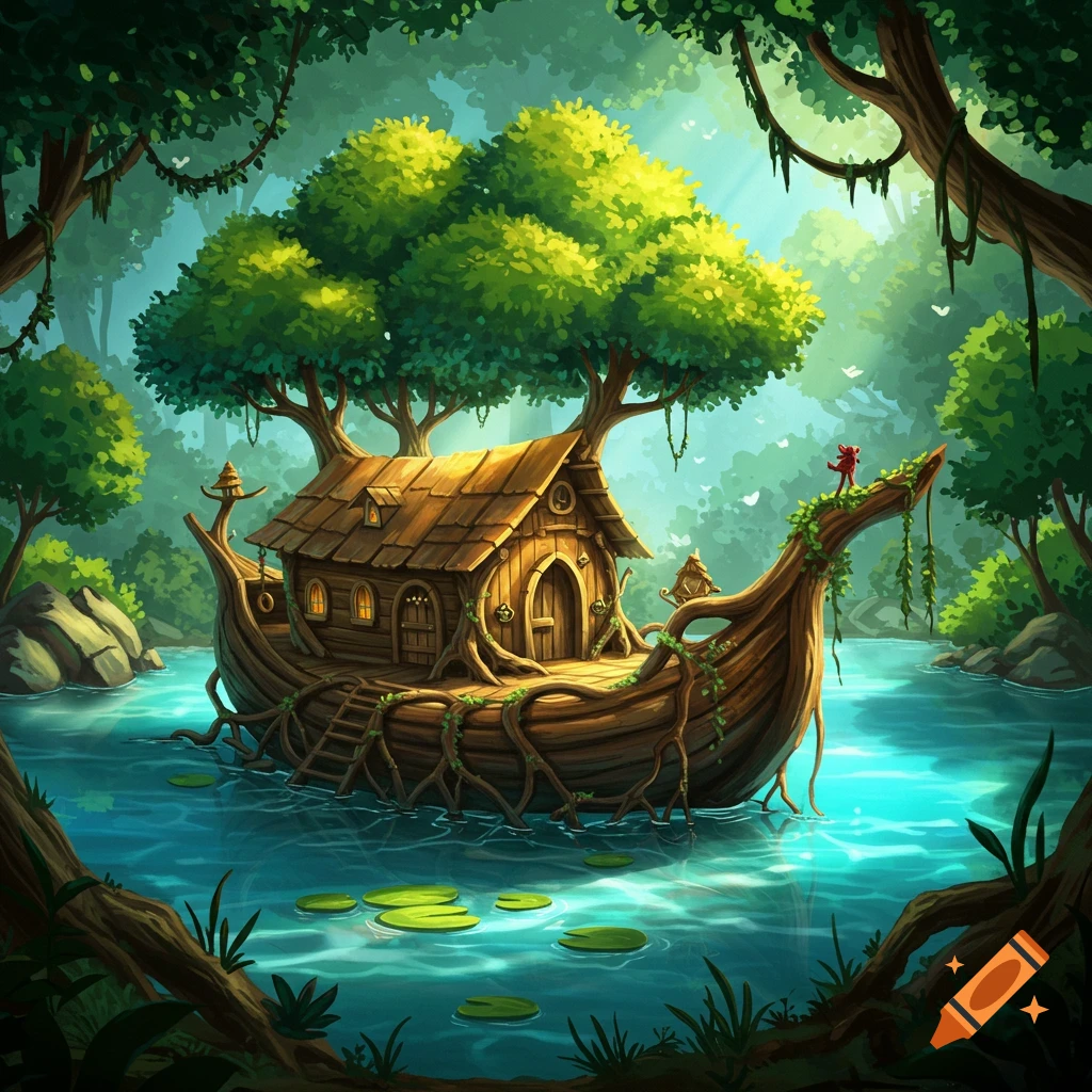 A wooden house built on a boat made of roots and wood, floating on a lake in a forest.