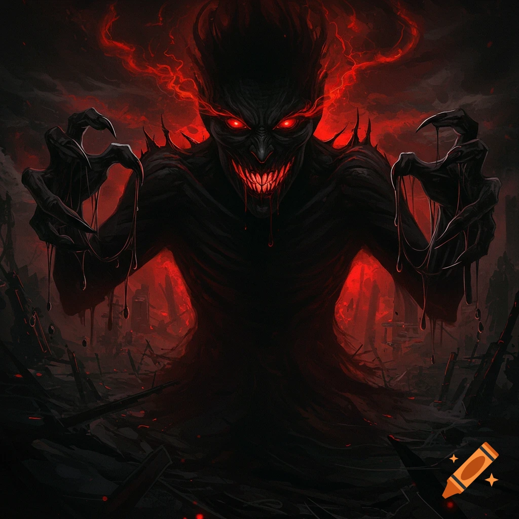 A dark, monstrous figure with glowing red eyes and dripping blood, standing in a destroyed landscape.