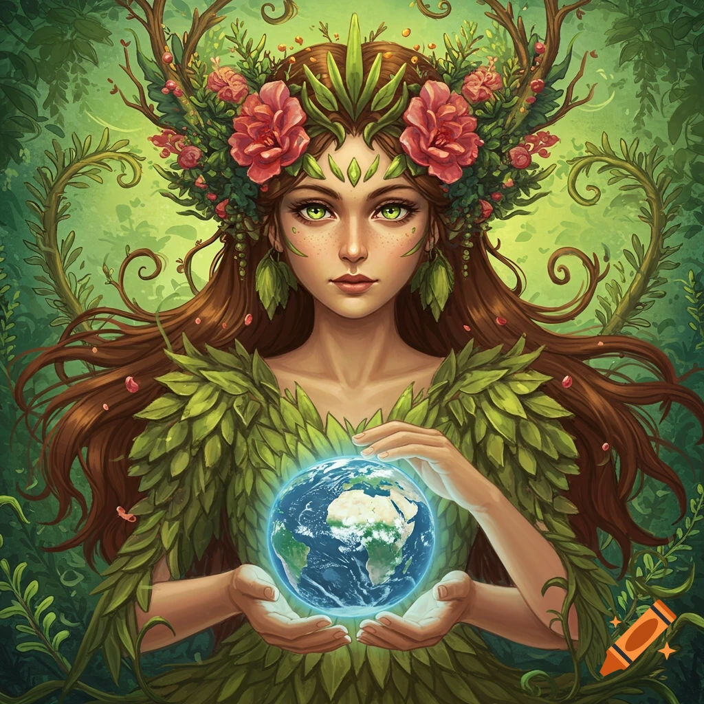 A woman with a leafy dress and flower crown holding the Earth.