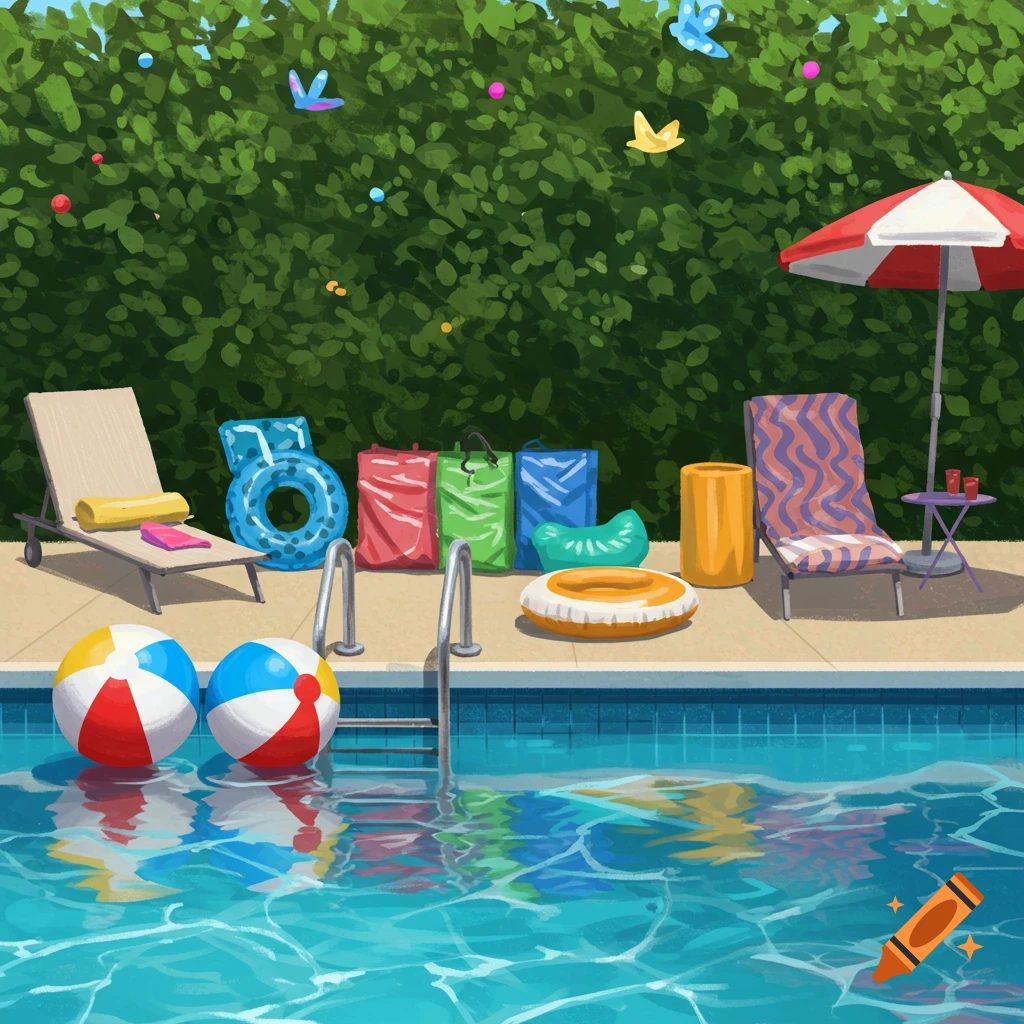 A poolside scene featuring lounge chairs, an umbrella, floats, and beach balls.