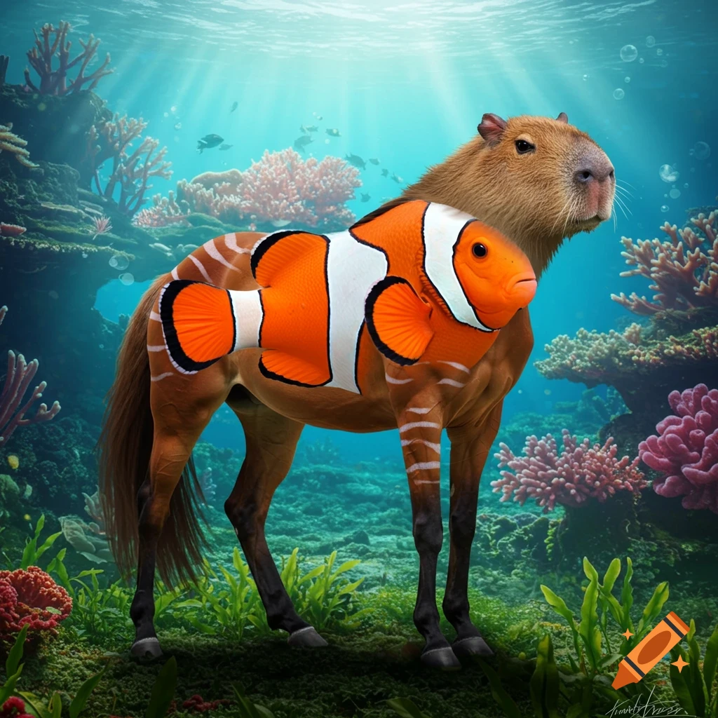 A creature with a horse body, capybara head, and clownfish torso stands underwater in a coral reef