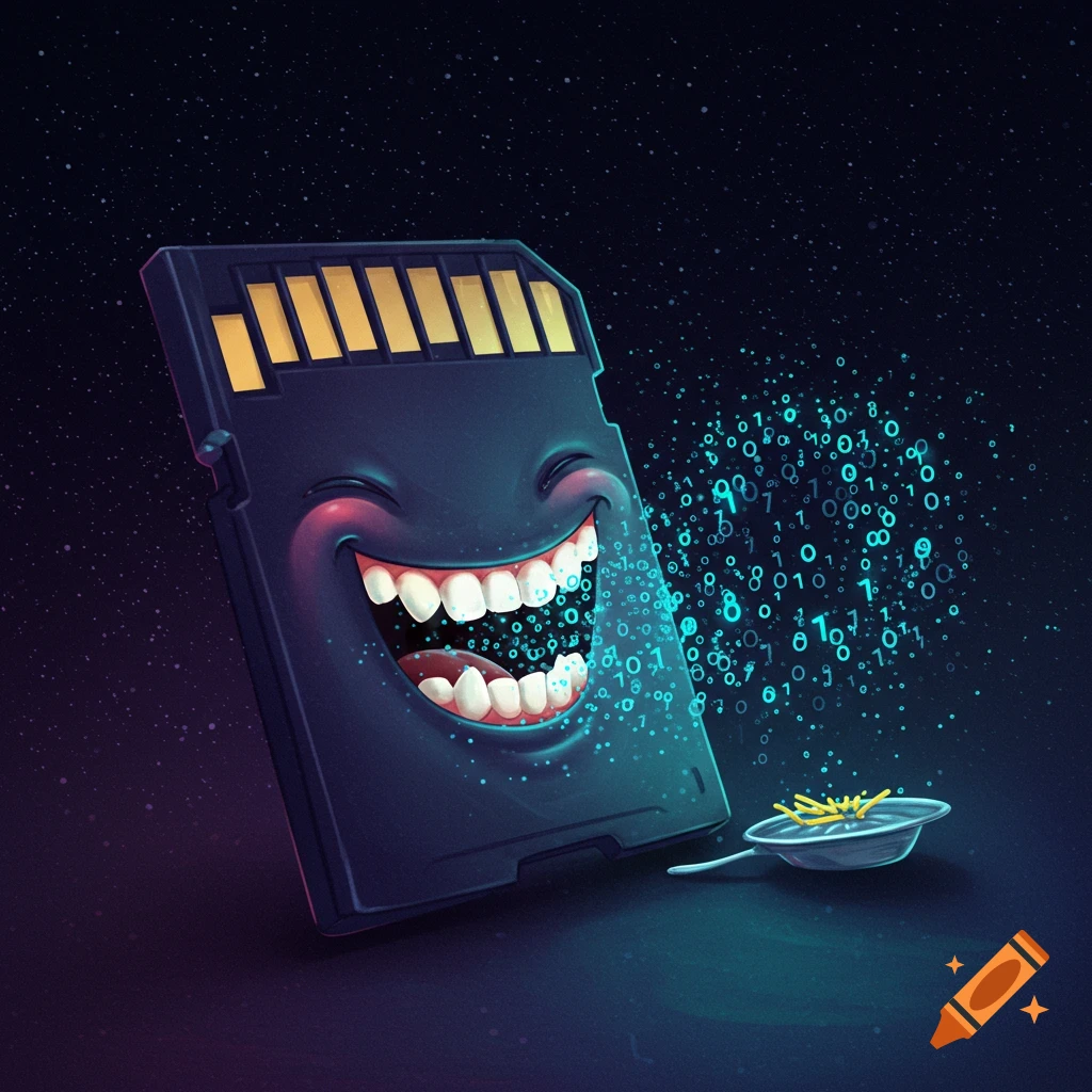 A cartoon SD card character is eating glowing binary data from a dish against a starry background.