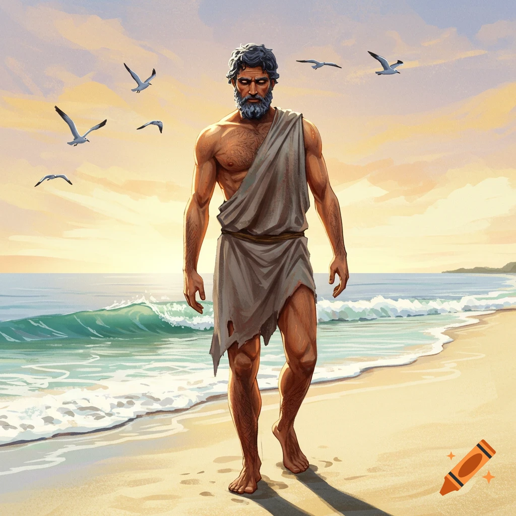 A bearded man in torn cloth walking on a beach at sunset with seagulls.