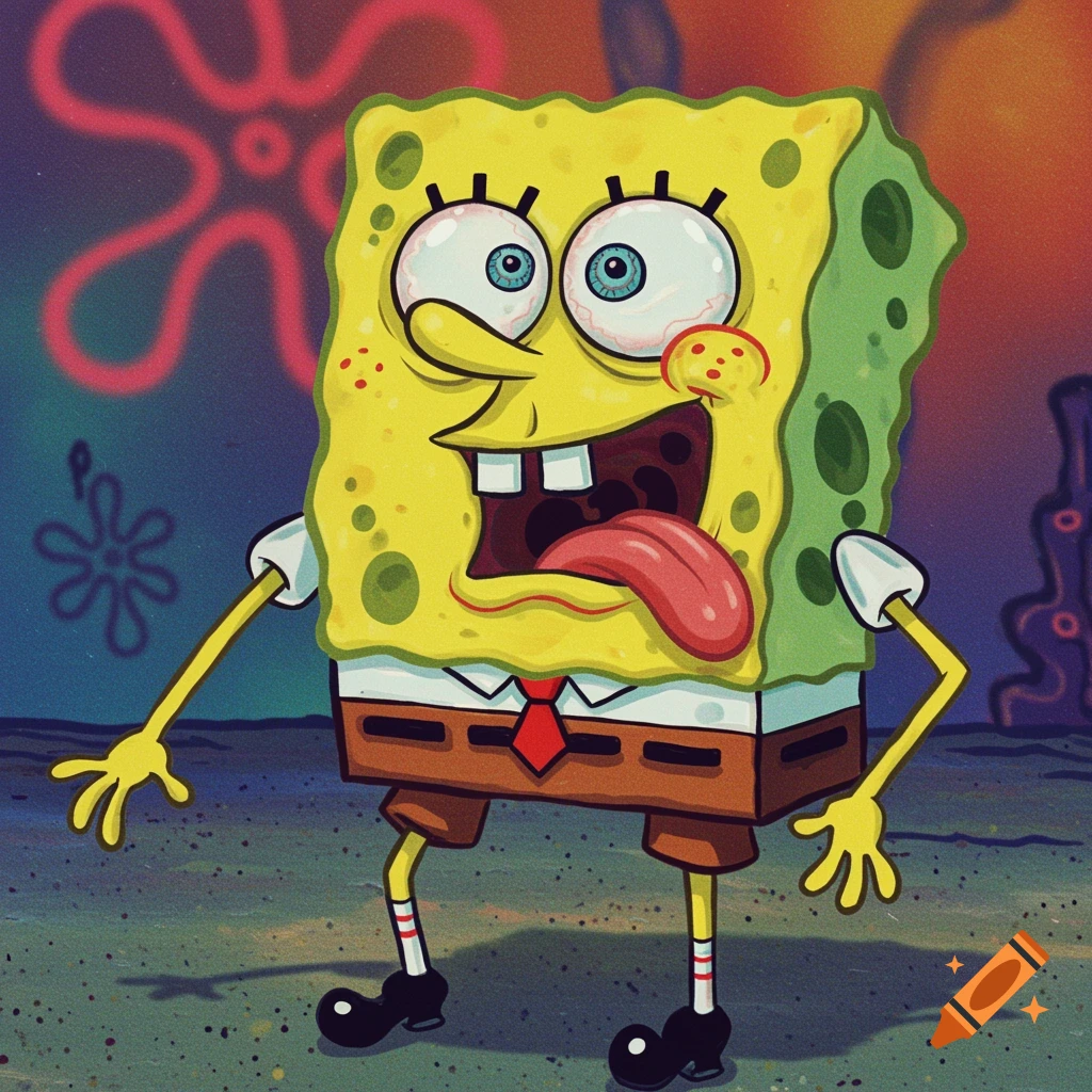 Surreal, distorted Spongebob Squarepants with tongue sticking out in a gritty, high-contrast style.