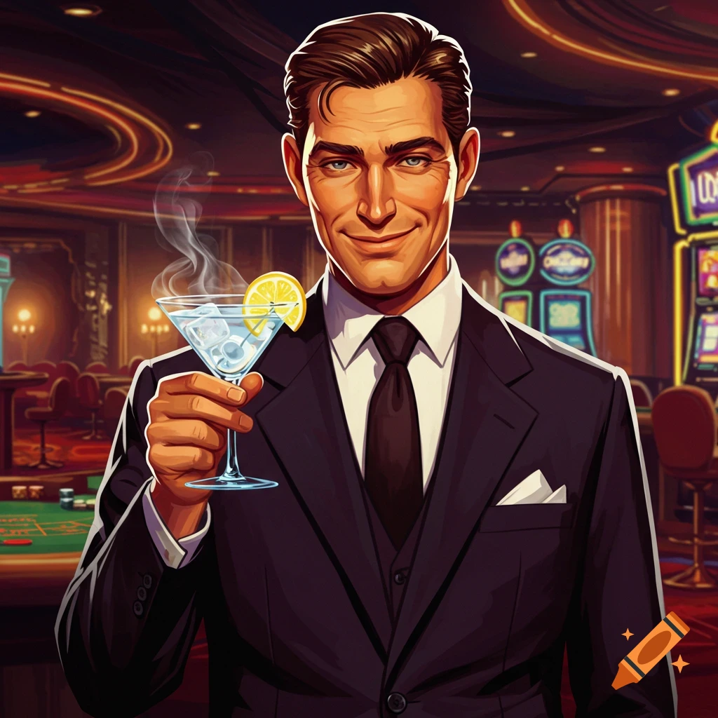 A man in a suit is holding a martini in a casino.