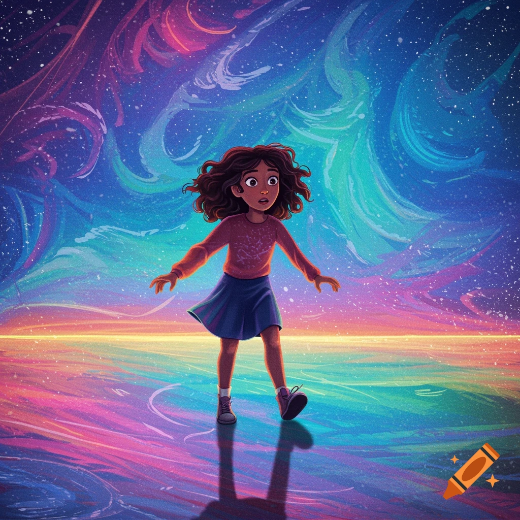 Illustration of a girl standing on a reflective surface surrounded by colorful swirling patterns in space.