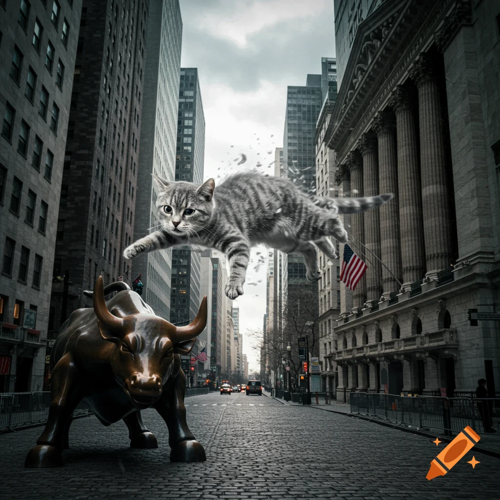 A large grey cat leaps over the Charging Bull statue on Wall Street, New York.