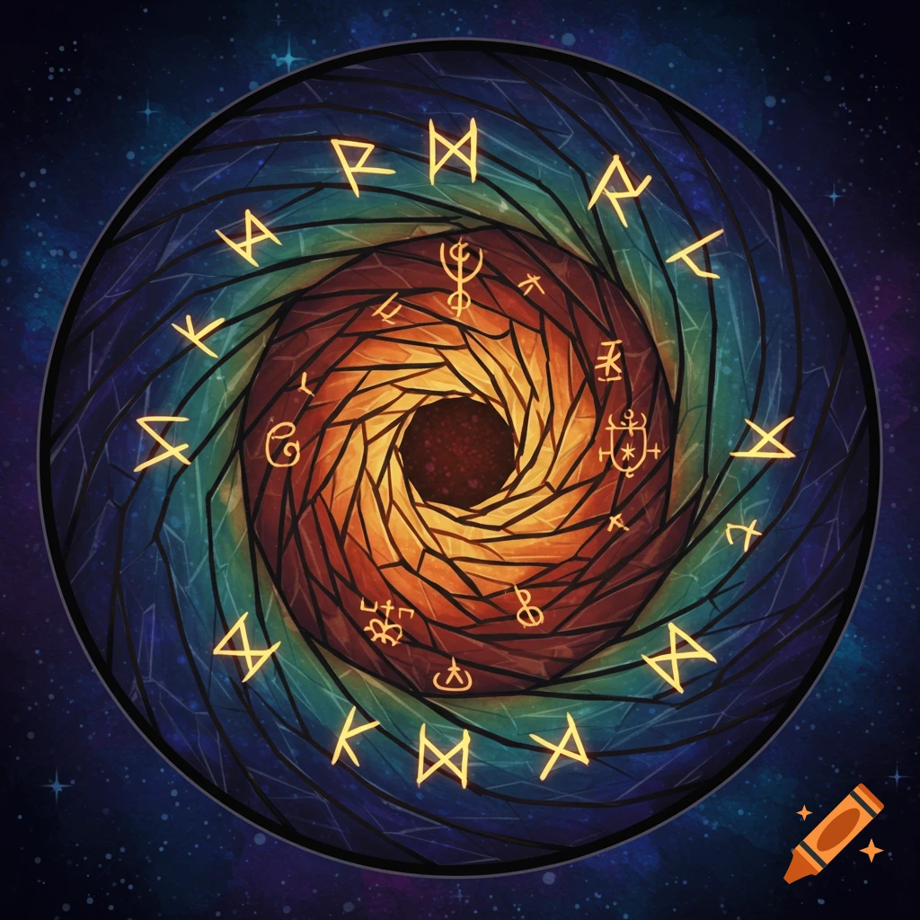 An icon with glowing magical symbols arranged in a circle around a swirling cosmic vortex.