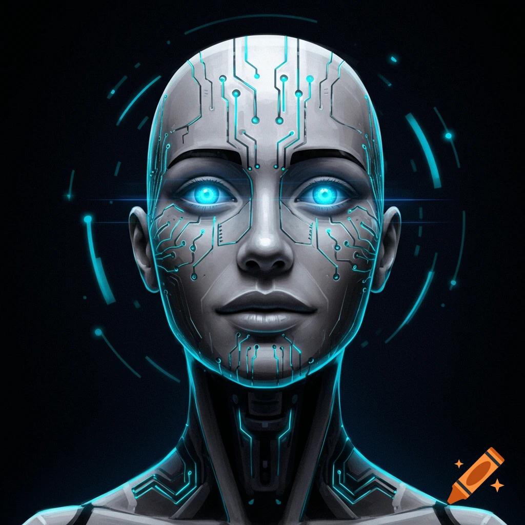 Humanoid AI face with glowing blue circuitry