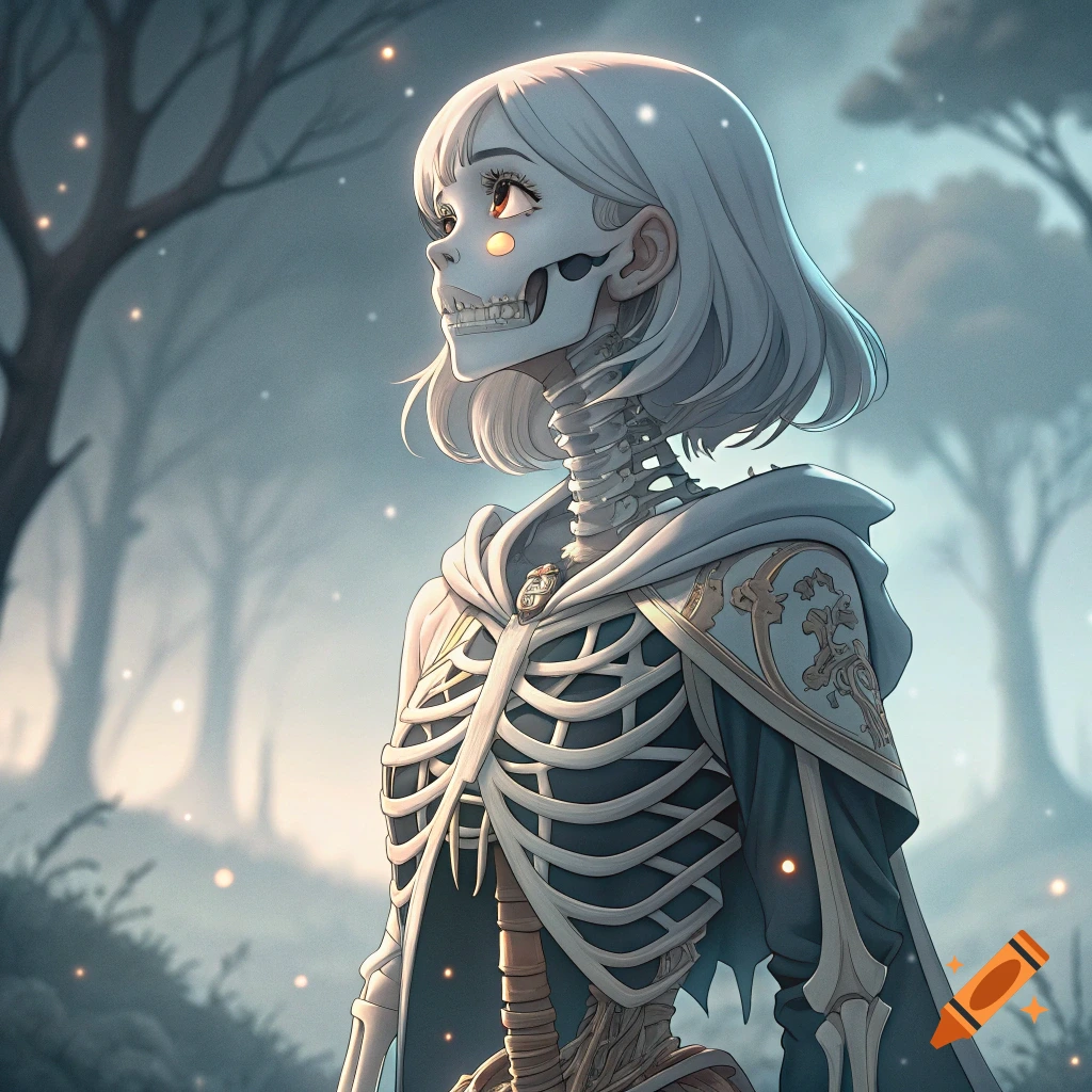 Anime skeleton in hooded cloak in a misty fantasy forest with glowing lights.