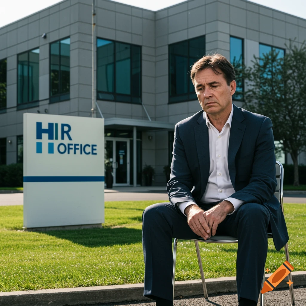 A sad man in a suit sits on a chair outside an office building with an HIR Office sign.