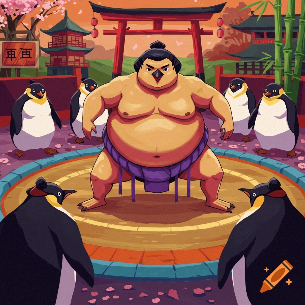 A large sumo wrestler penguin in a ring surrounded by other penguins in a Japanese landscape.