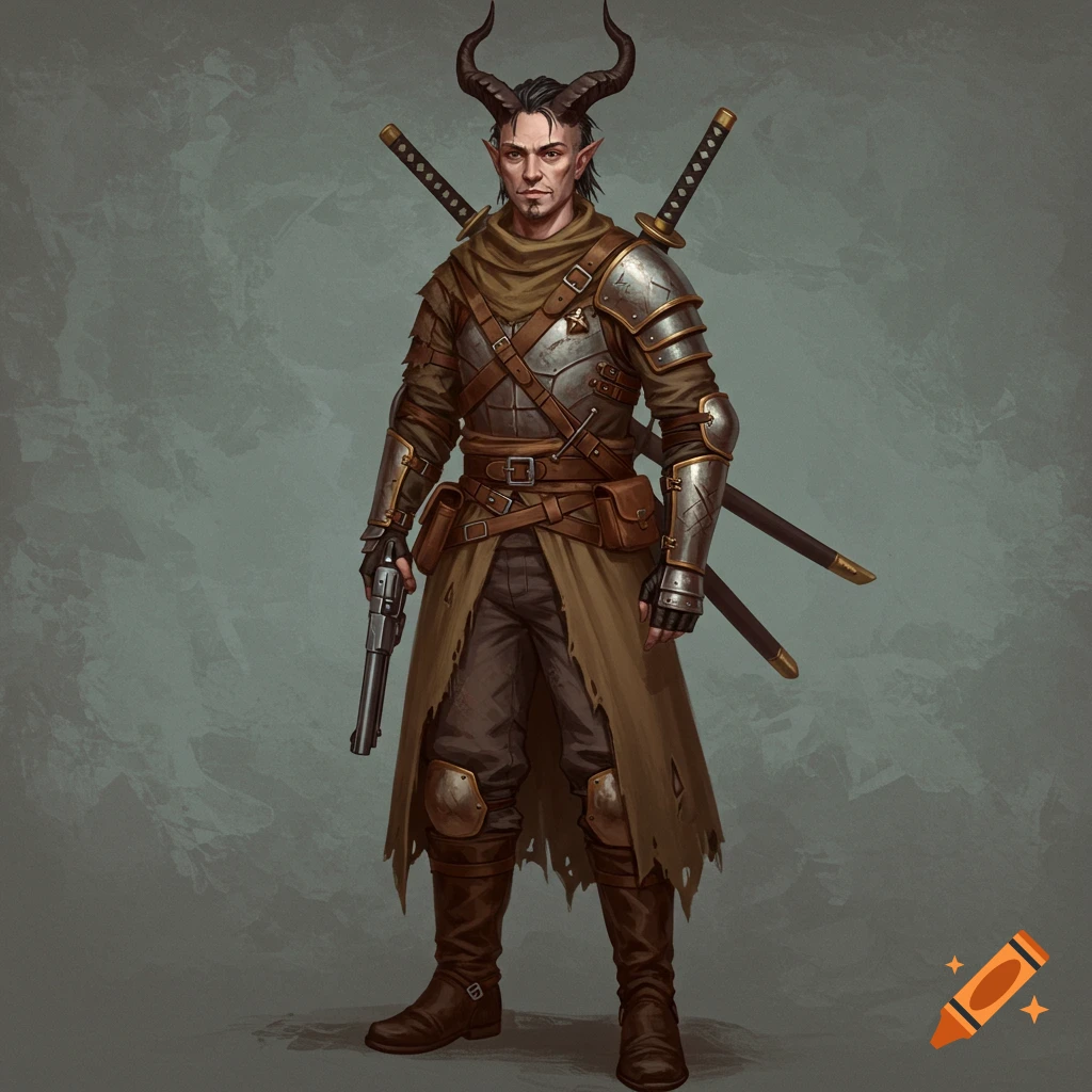 A male fantasy character with horns and pointy ears, wearing armor, holding a revolver, and carrying katanas.