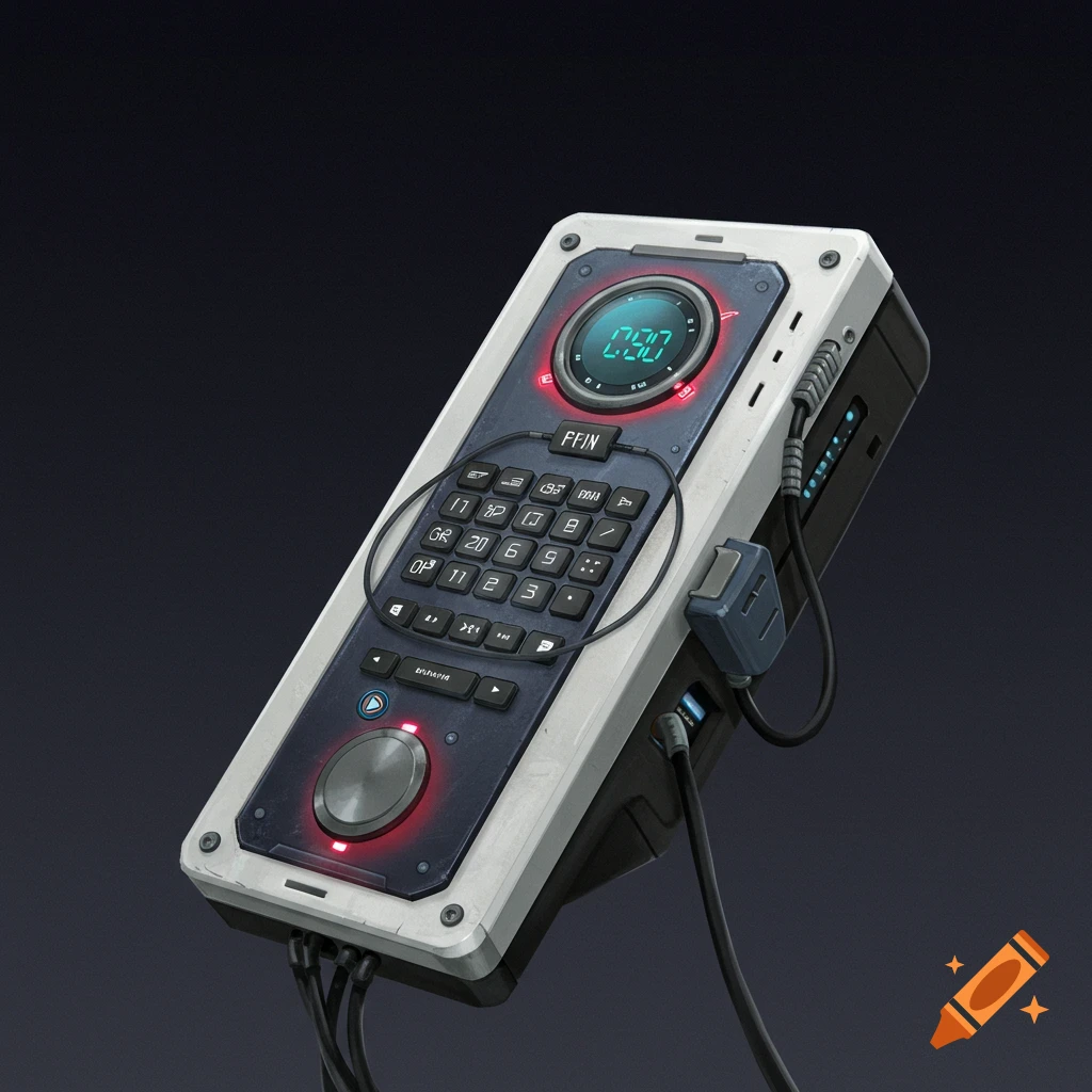 A detailed depiction of a futuristic handheld device with a screen, keypad, buttons, and cables.