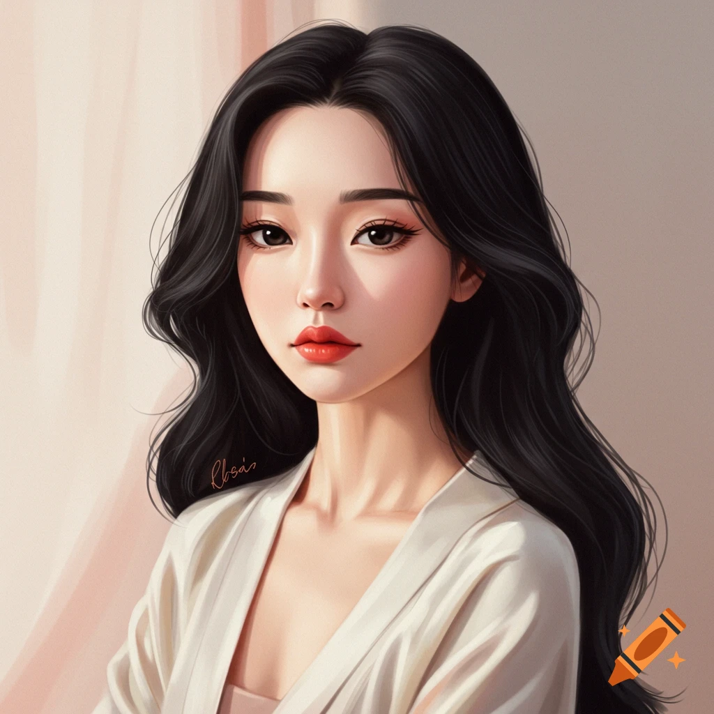 A young woman with long dark hair and red lips.