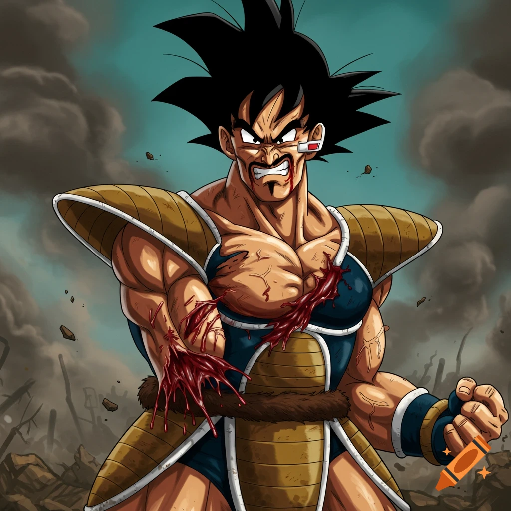 Anime style illustration of a muscular man in armor with severe injuries, standing in a stormy, destroyed landscape.