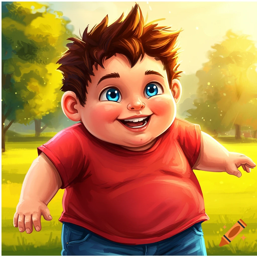 A cheerful cartoon boy with spiky brown hair and blue eyes smiles brightly in a park.
