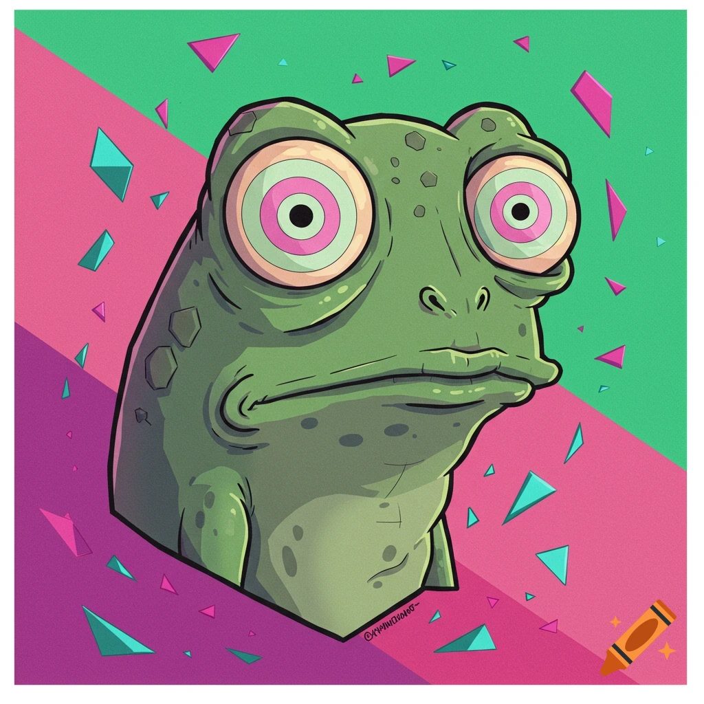 A stylized drawing of the Hypnotoad with large, hypnotic eyes against a split green and pink background with geometric shapes.