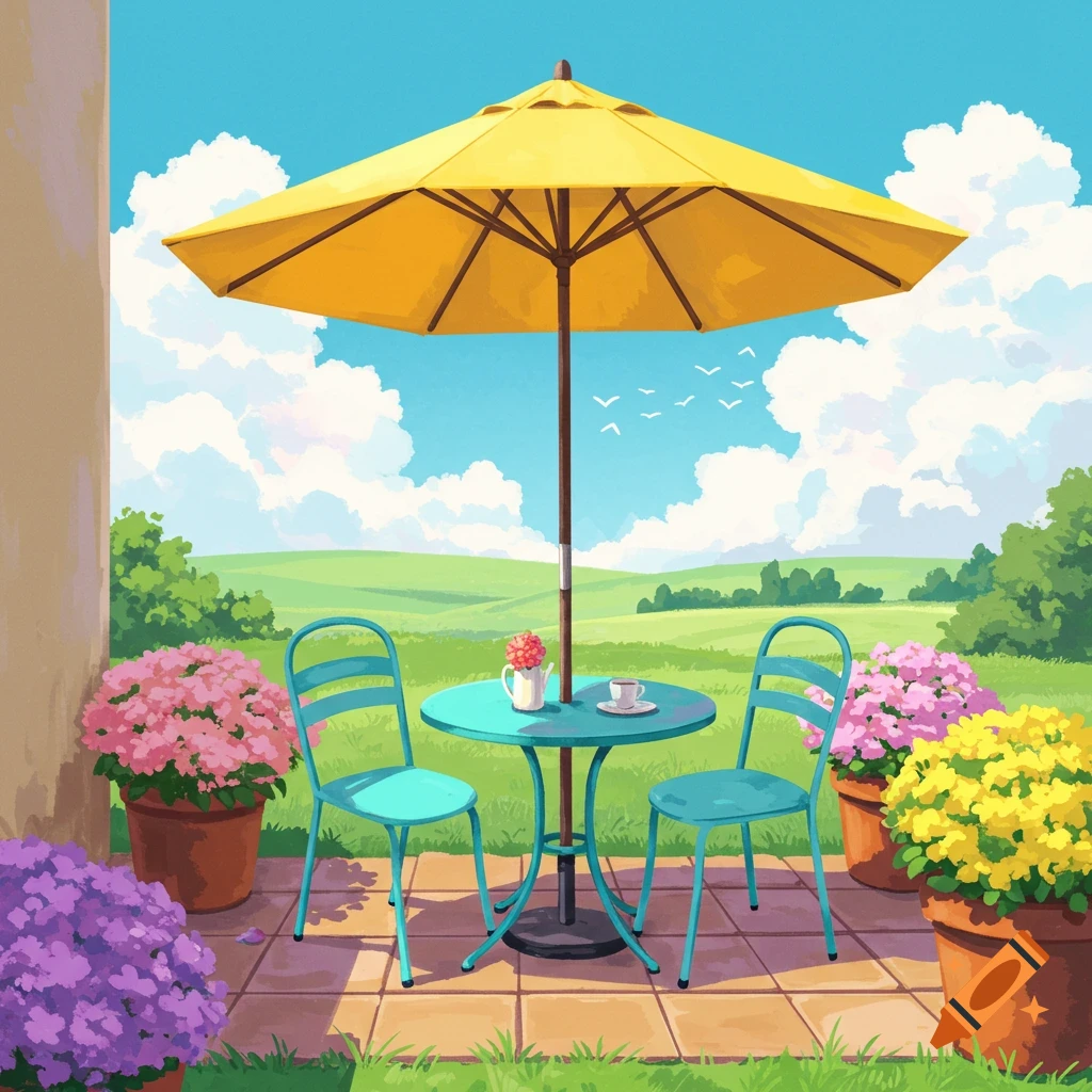 A simple outdoor patio with a table, chairs, yellow umbrella, and potted flowers under a blue sky.