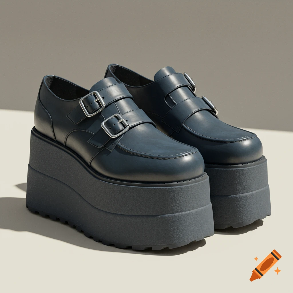 A pair of dark blue platform shoes with buckle straps on a light background.