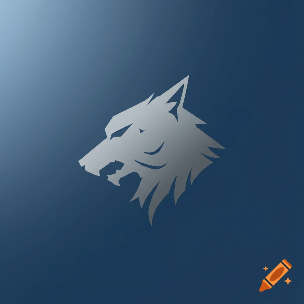 A minimalist gray wolf head logo on a blue background