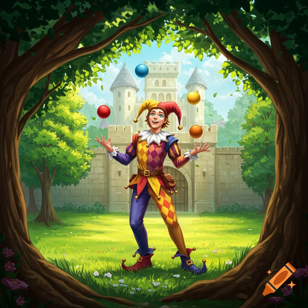A medieval jester in colorful clothes juggles balls in front of a castle, framed by trees.