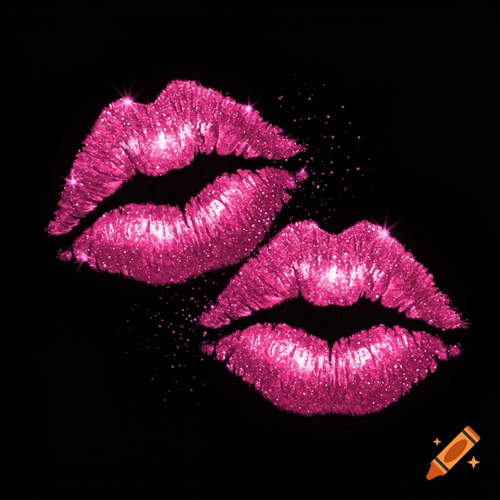 Two sparkly pink kiss prints on a black background.