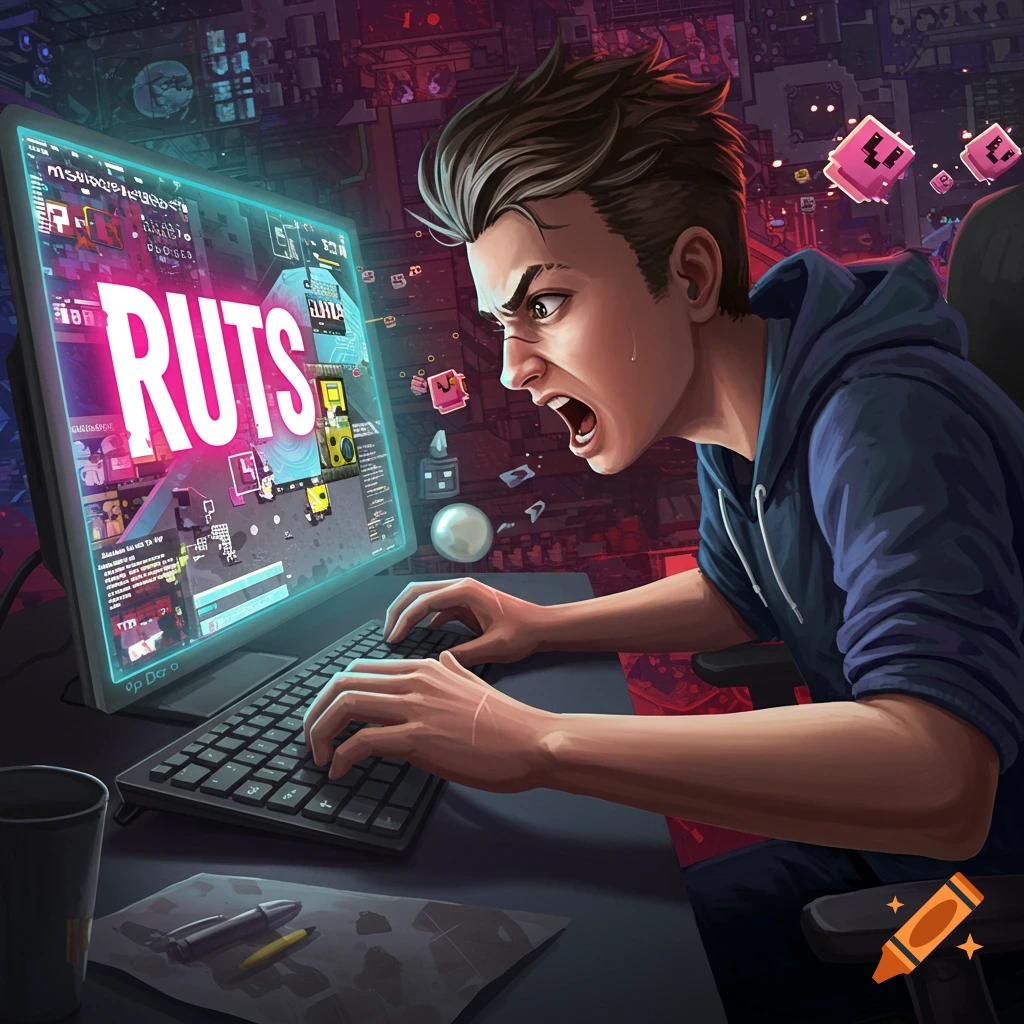 A young man looking frustrated while playing a video game called RUTS on his computer.