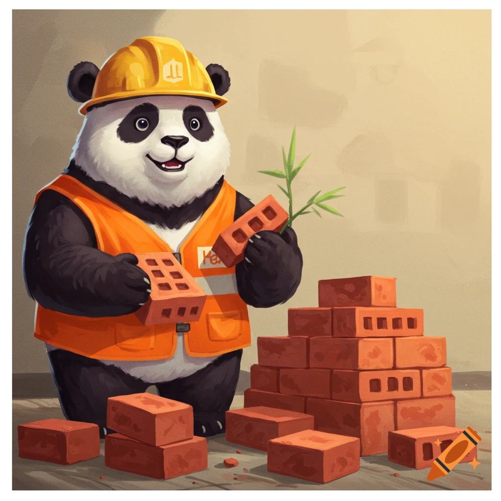 A cartoon panda in construction gear holding bricks next to a pile of bricks.