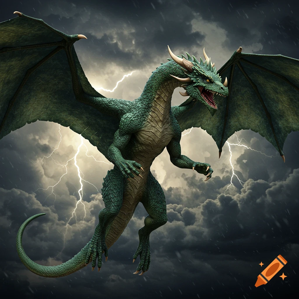 A green 3D dragon flies through a stormy sky with lightning.