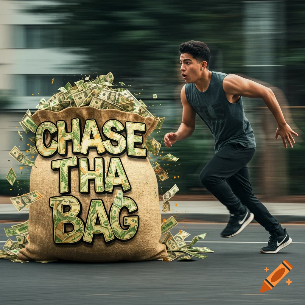 Young man runs past a large bag of money labeled 'CHASE THA BAG', photorealistic.
