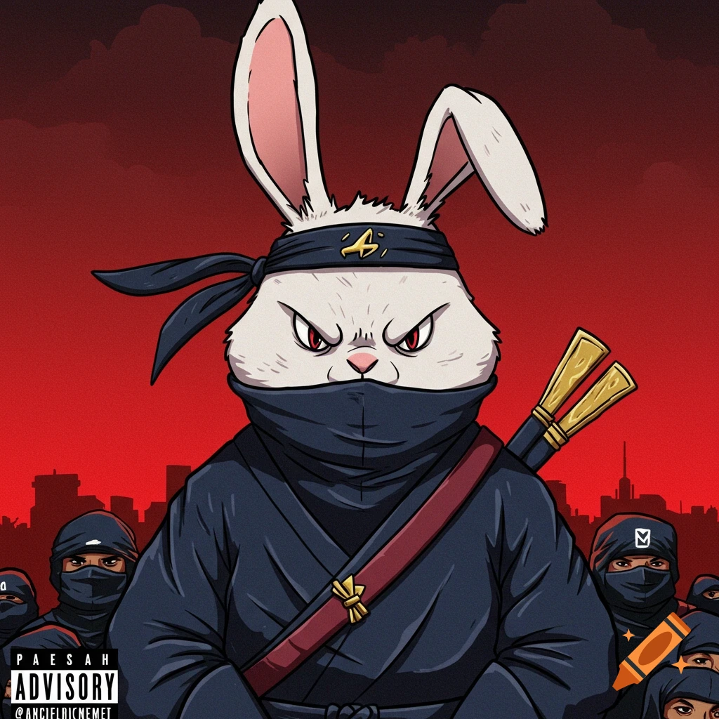 A cartoon rabbit dressed as a ninja stands in front of a group of ninjas and a cityscape against a red sky.