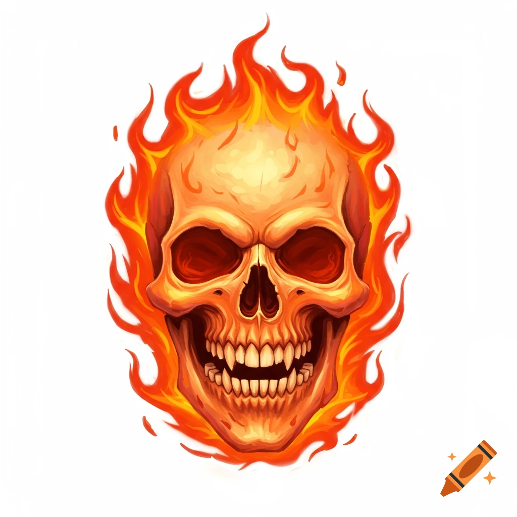 A flaming skull on a white background.