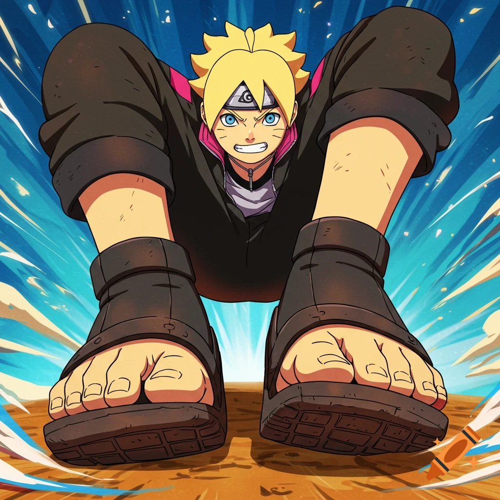 Boruto shown from a low angle, looking up, with his feet and sandals prominent, in anime style.