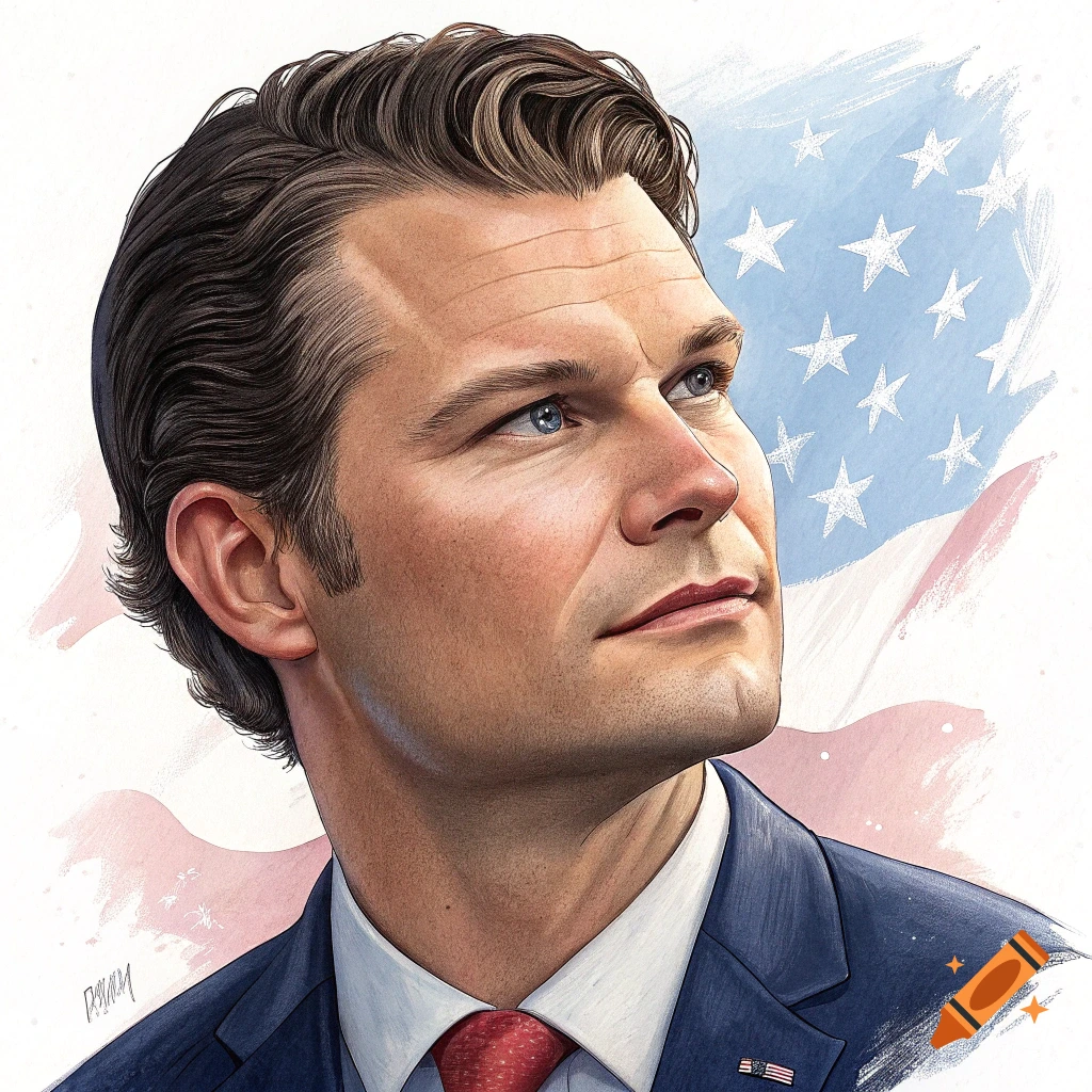 Portrait of a man in a suit looking up with a painted American flag background