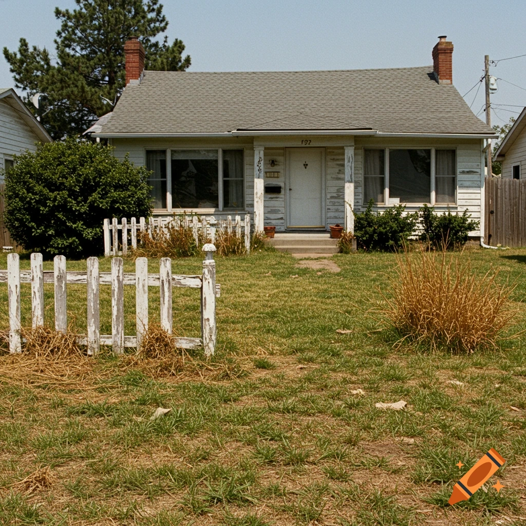A small, white house with a picket fence and dry yard under a clear sky.
