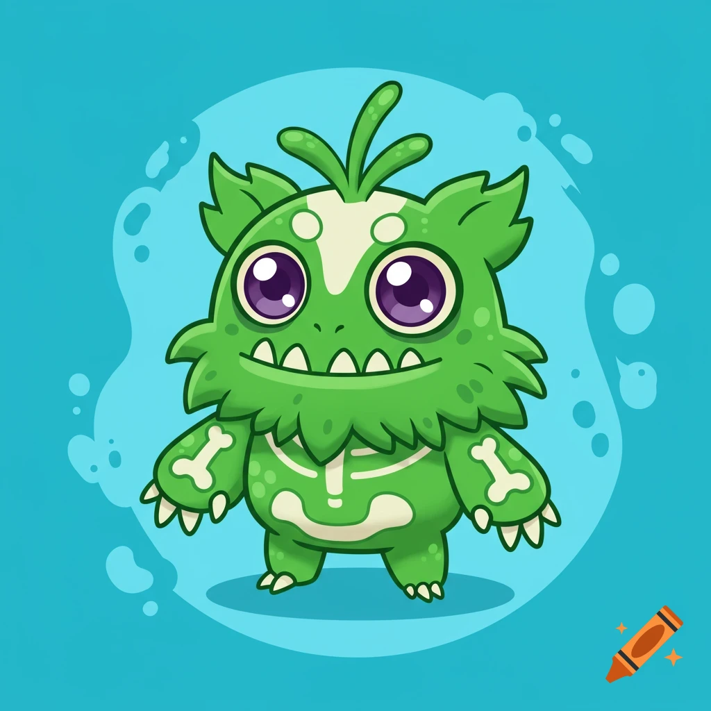 A green cartoon monster with bone markings.