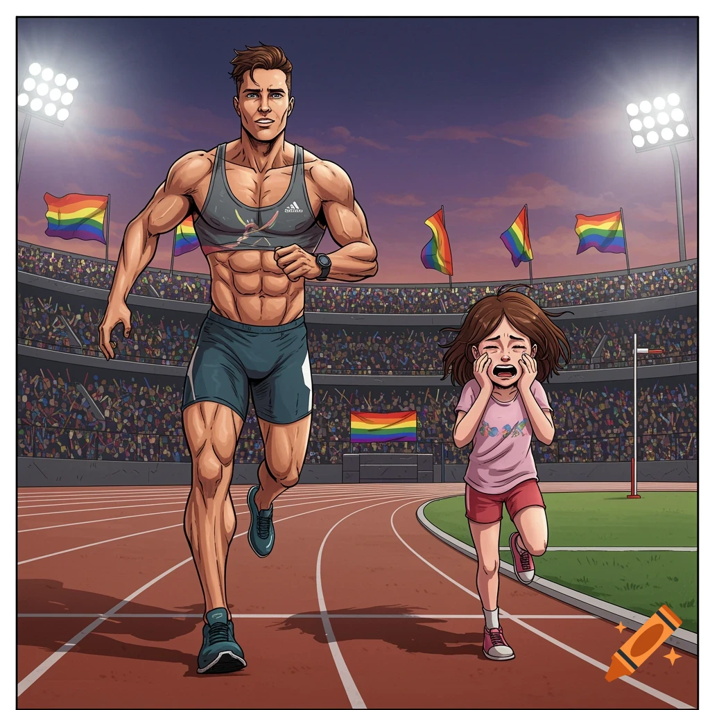 Comic book style art of a muscular man running ahead of a crying girl on a track in a stadium with rainbow flags.