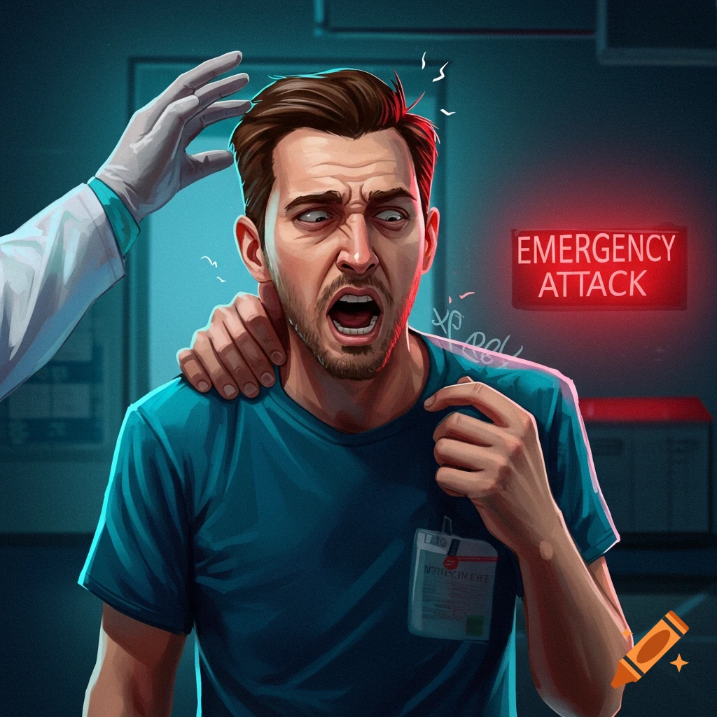 A panicked man in a blue shirt is being held by a doctor's gloved hand in an emergency room.