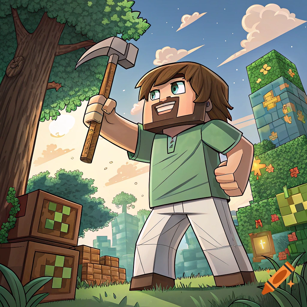 Illustration of a blocky character in a Minecraft world, holding a pickaxe