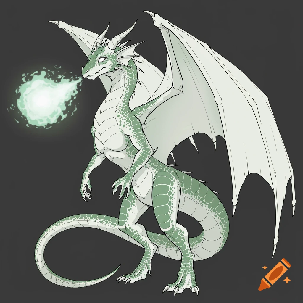 An illustration of a green and white dragon breathing green fire.