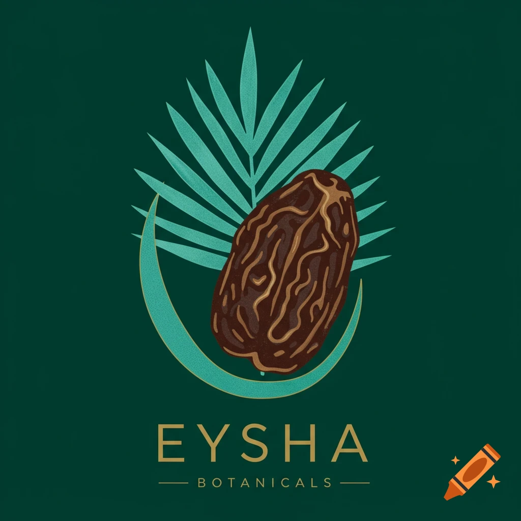 Logo graphic with a date fruit, palm leaf, and crescent shape on a dark green background. Text reads "Eysha Botanicals".