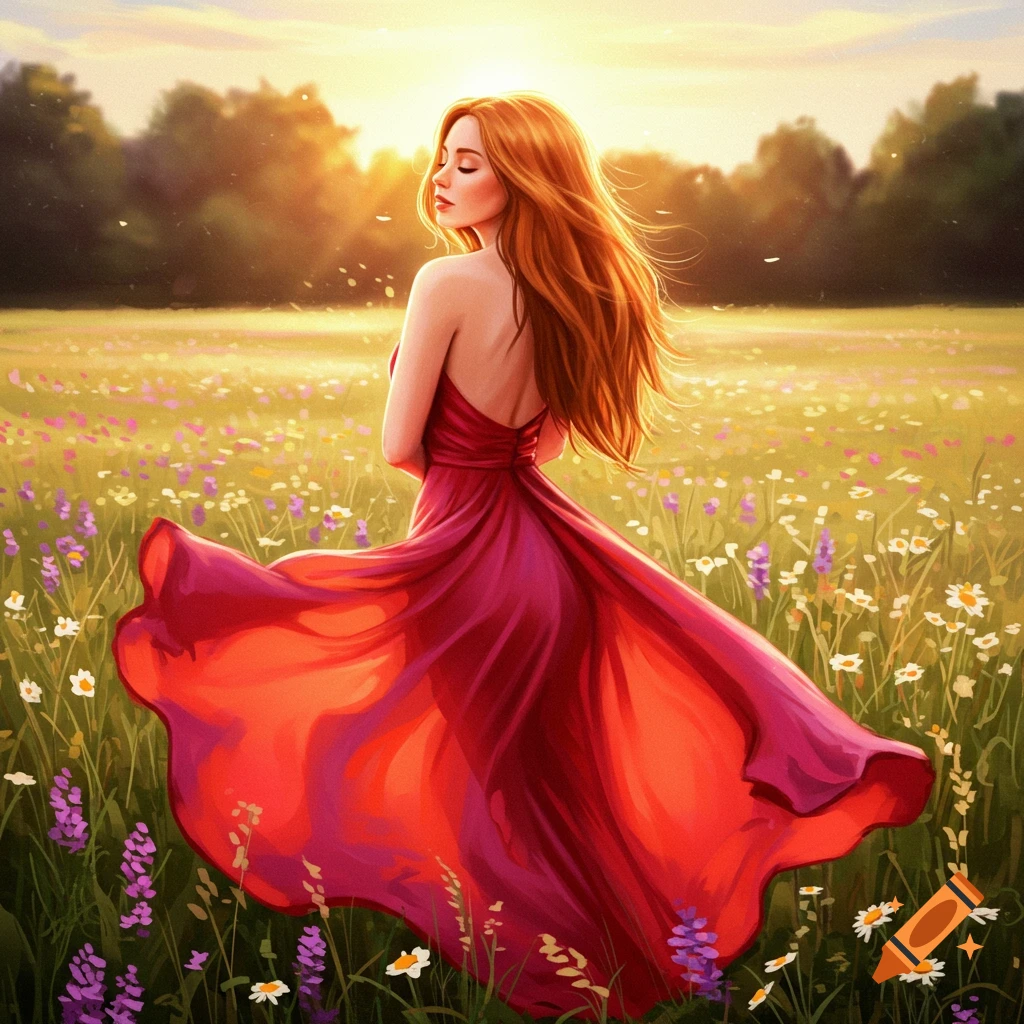 A woman in a red dress stands in a field of wildflowers at sunset.