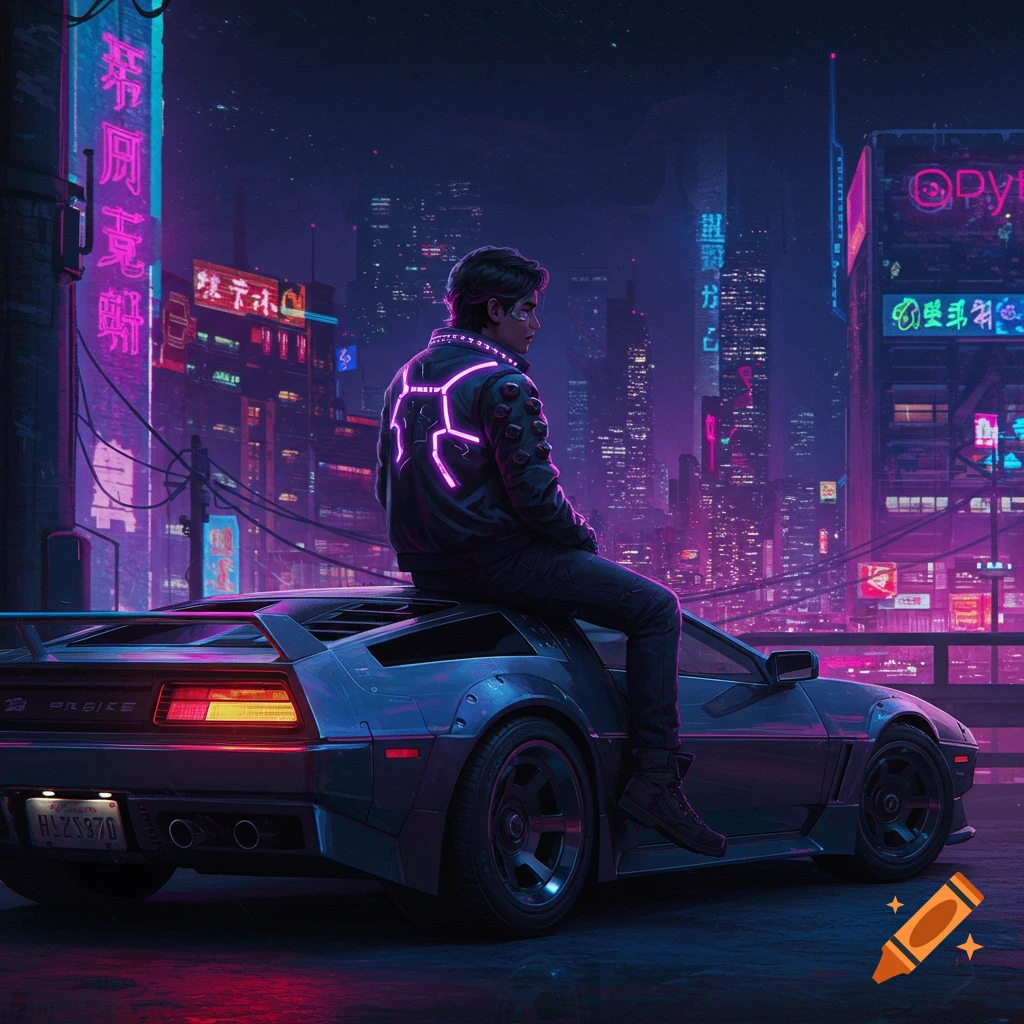 A man with a light-up jacket sits on a car in a neon-lit cyberpunk city at night.