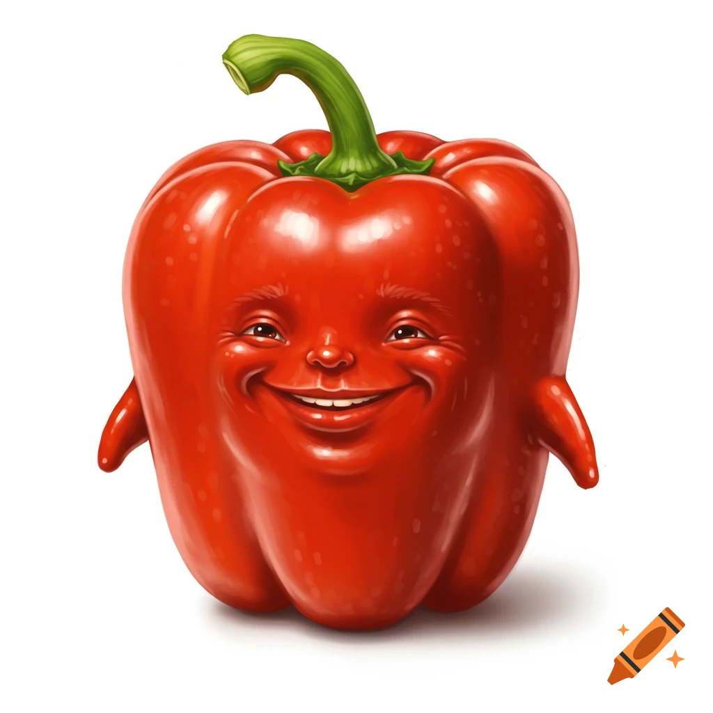 Red bell pepper with a human face and arms, smiling.