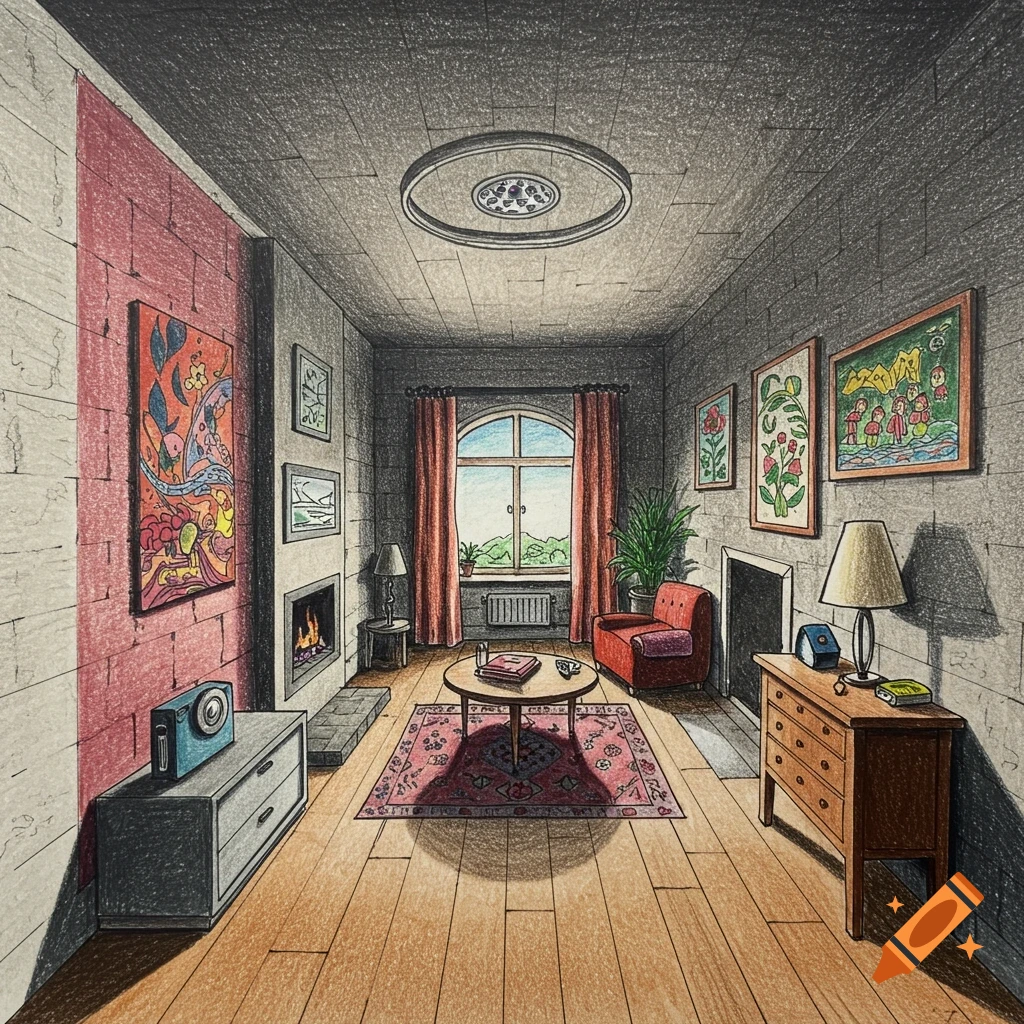 Colored pencil drawing of a room interior in one-point perspective, with furniture, decor, fireplace, and window view.